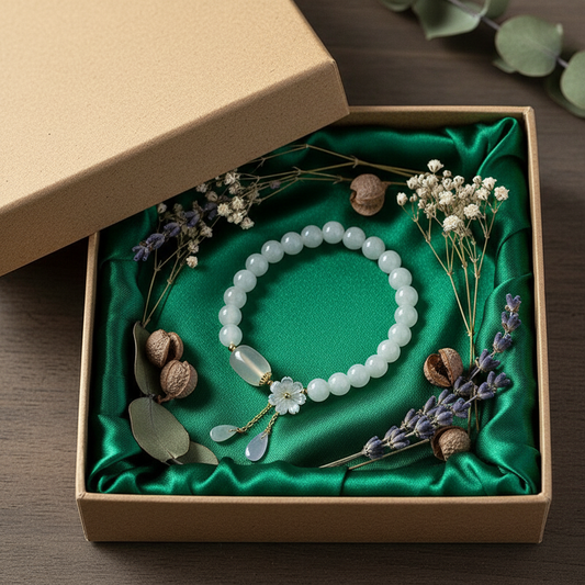 Natural Jadeite & Agate Bracelet in kraft gift box with botanicals