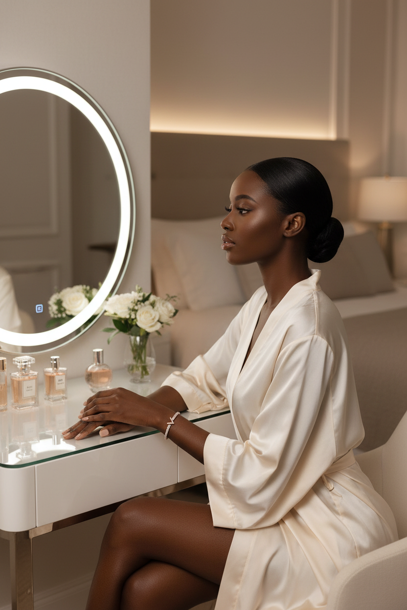 Model wearing Clean Slate gold bangle bracelet at luxury vanity table
