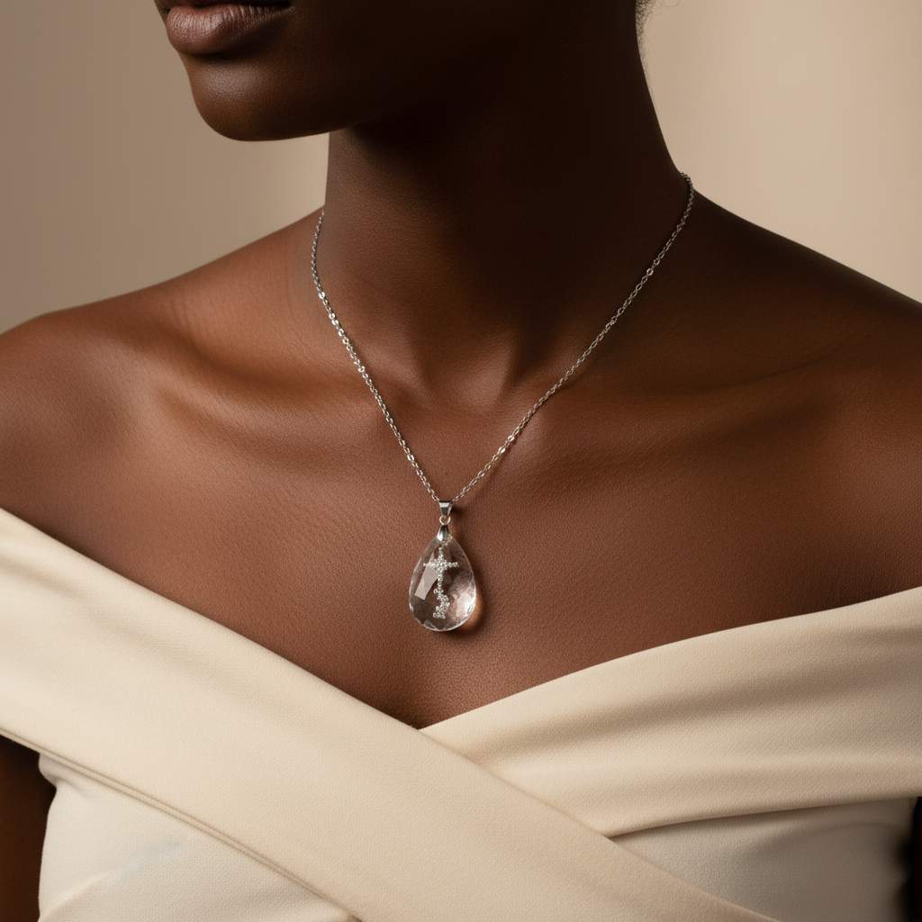 Close-up of Simple Drop Pendant Necklace on collarbone