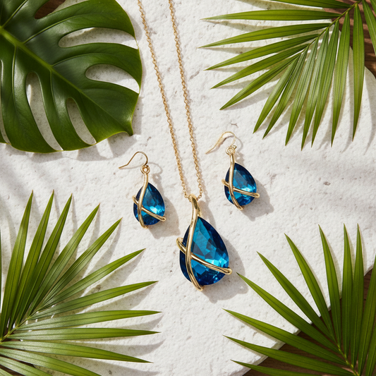 Ocean Deep necklace and earring set tropical outdoor flatlay