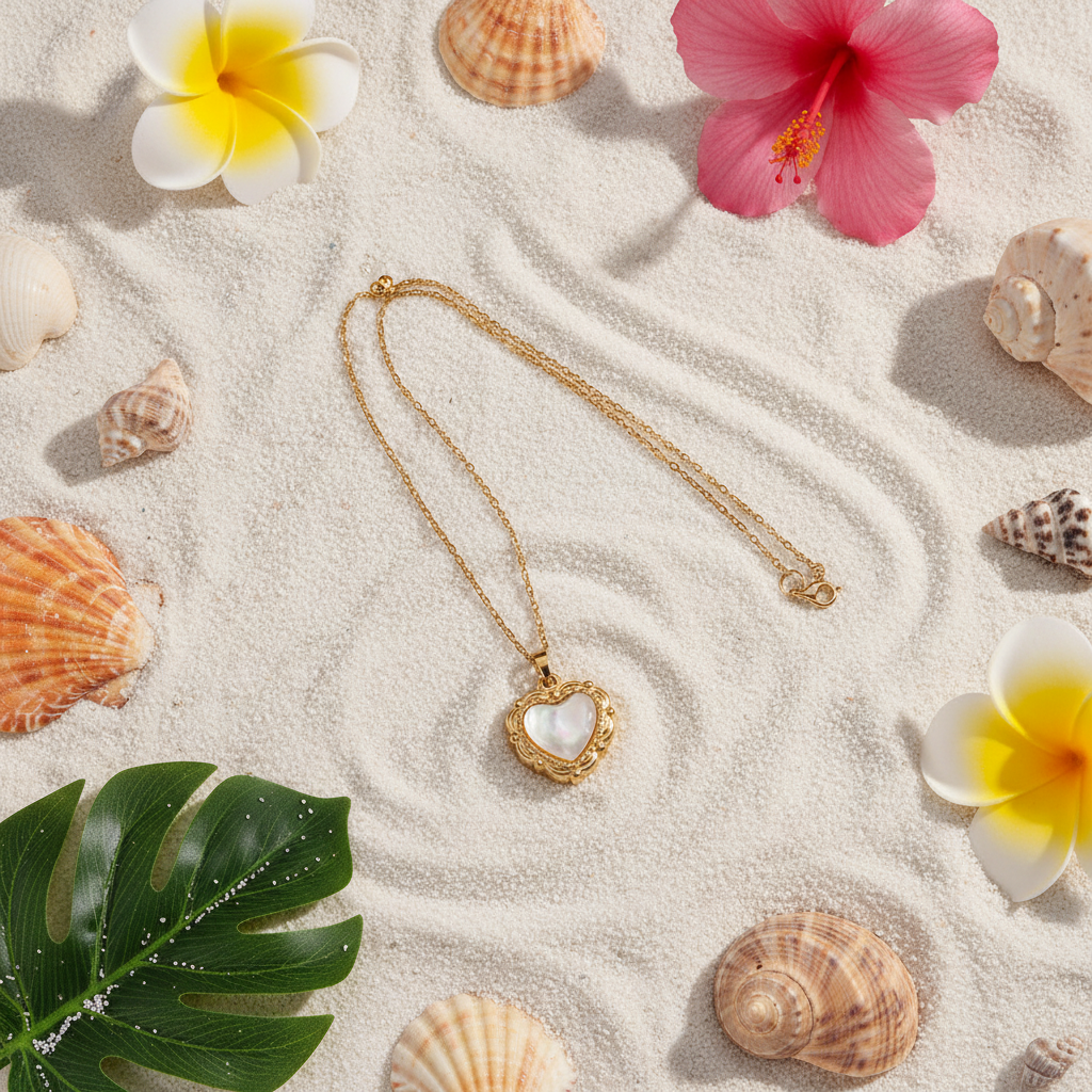 Vintage Shell Heart Necklace flat lay on white sand with seashells