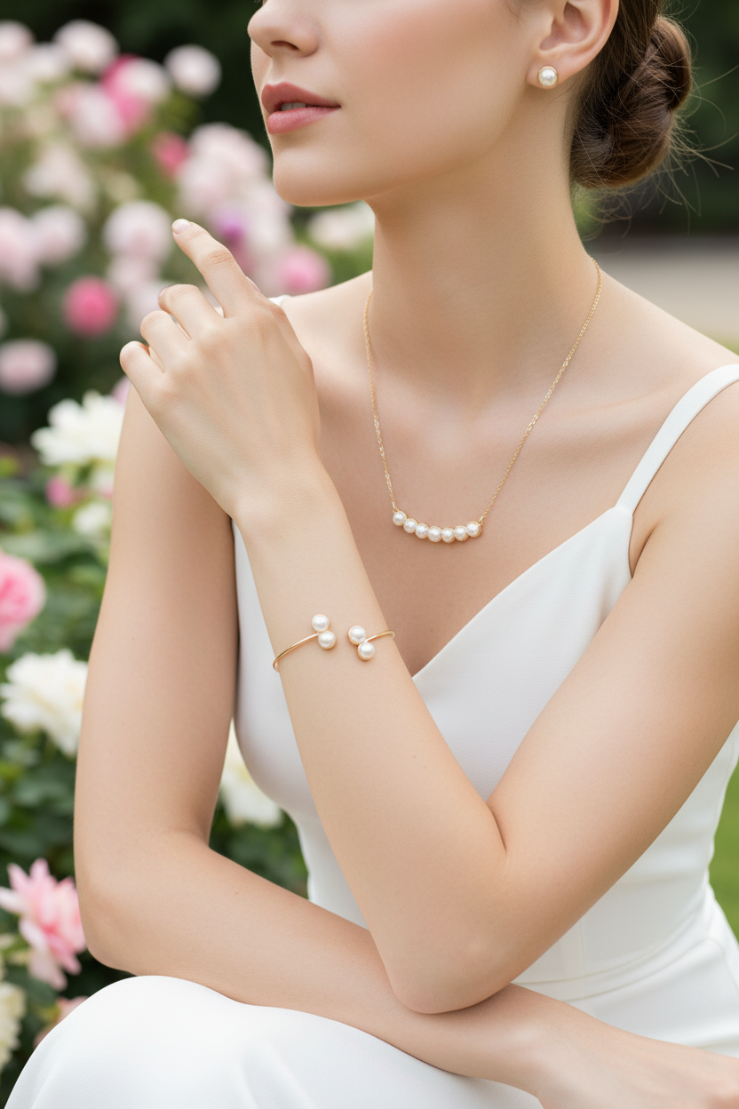 Lumière Pearl Set worn outdoors in garden lifestyle shot