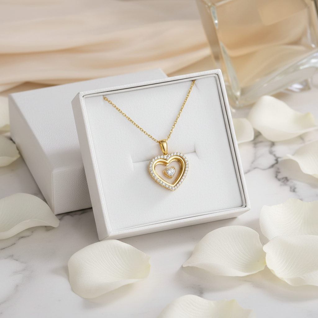 Heart Wings Locket Necklace in luxury white gift box with rose petals