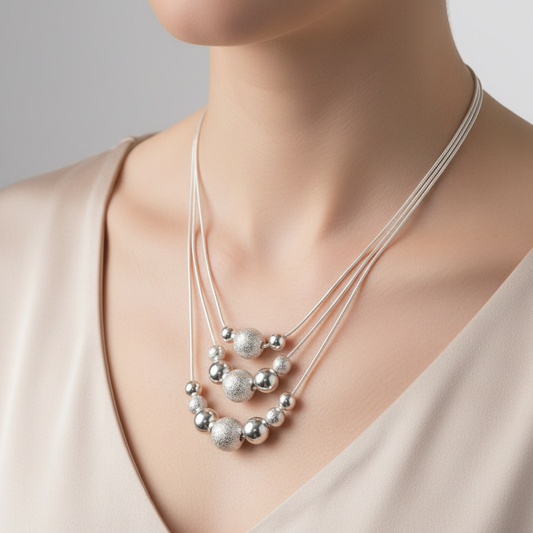 Close-up of Silver Bead Chain Necklace on Caucasian model's collarbone