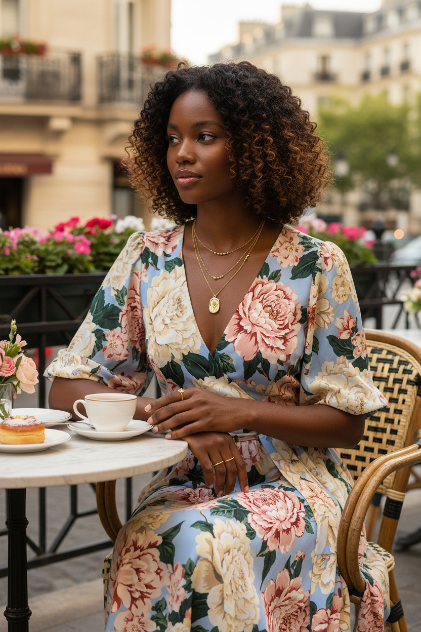 Model wearing Rose Shell necklace layered at luxury outdoor cafe