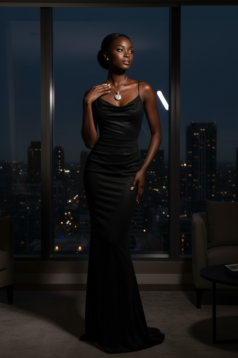 Model wearing Dark Night Elf Moissanite Necklace in luxury penthouse at night