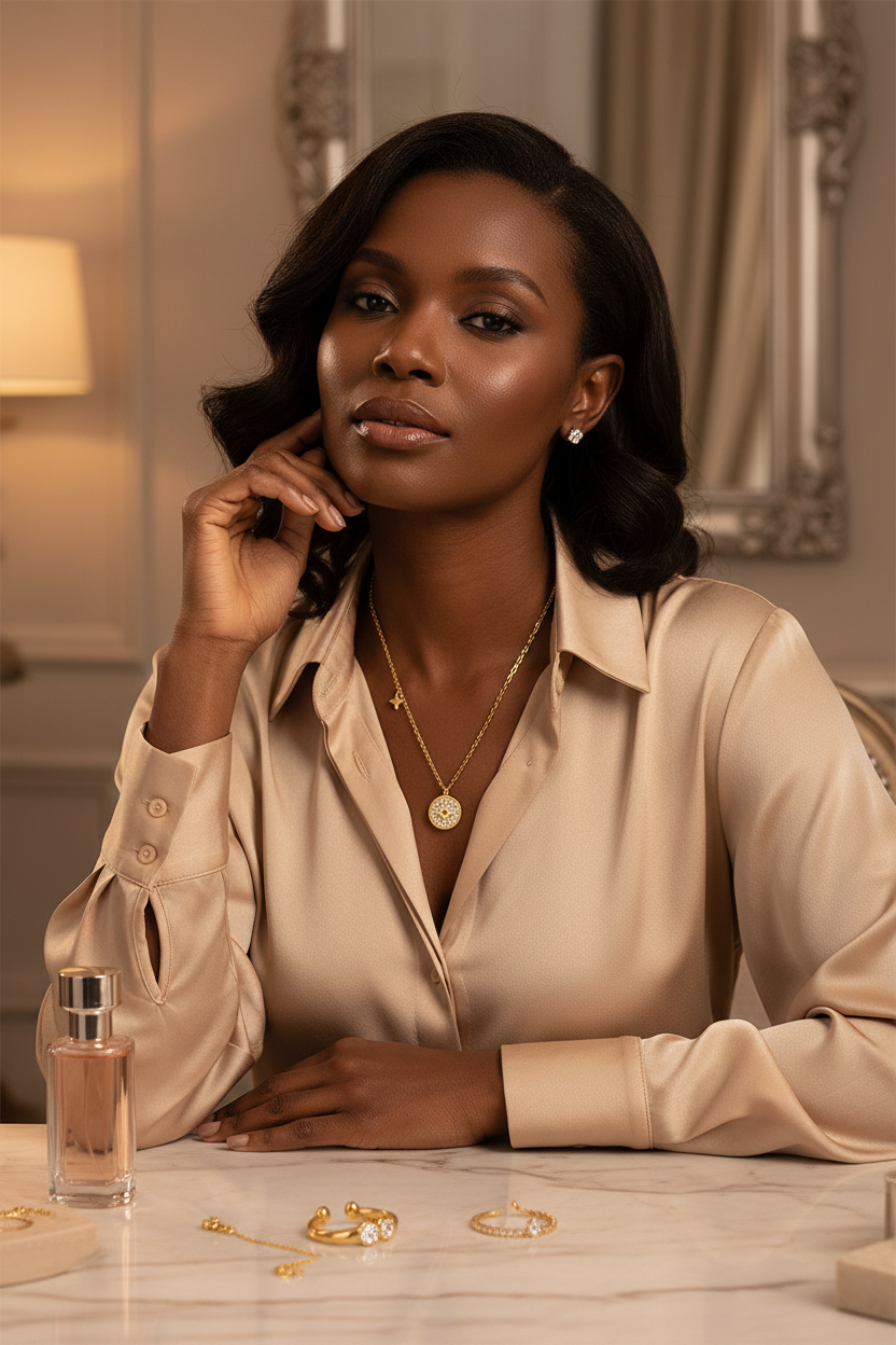 Model wearing Ancient Coin Pendant Necklace at luxury vanity