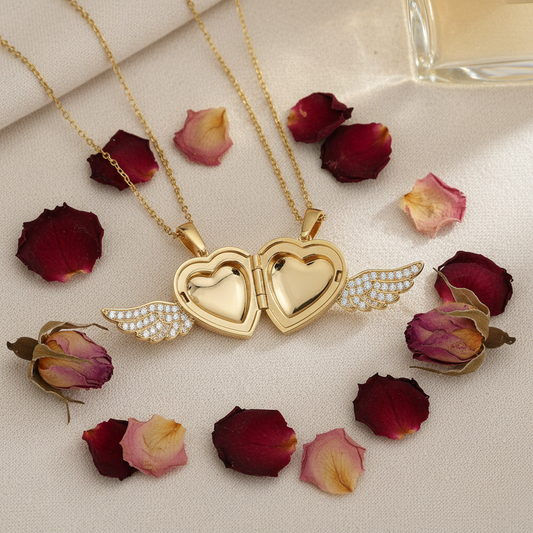 Heart Wings Locket Necklace flat lay open with rose petals