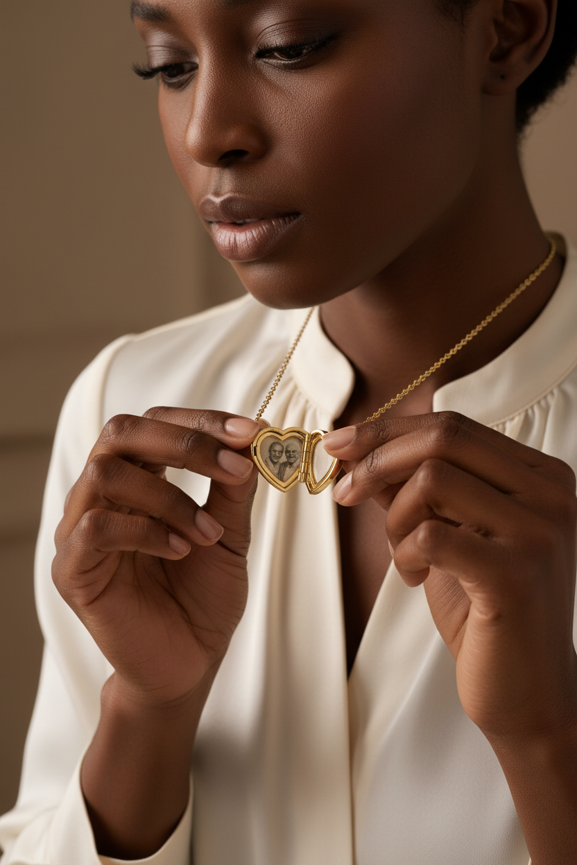 Model holding open Heart Wings Locket Necklace showing photo inside