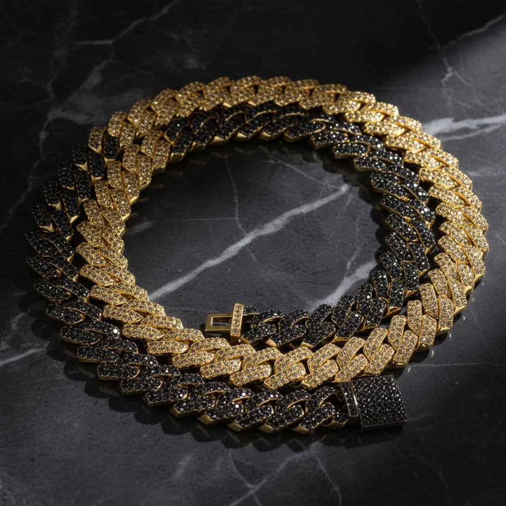 Iced Cuban Chain close-up on dark marble studio lighting