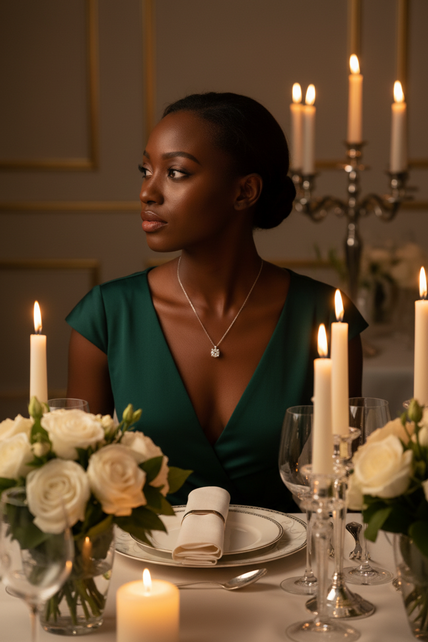 Model wearing Love of Time Moissanite Necklace at luxury anniversary dinner