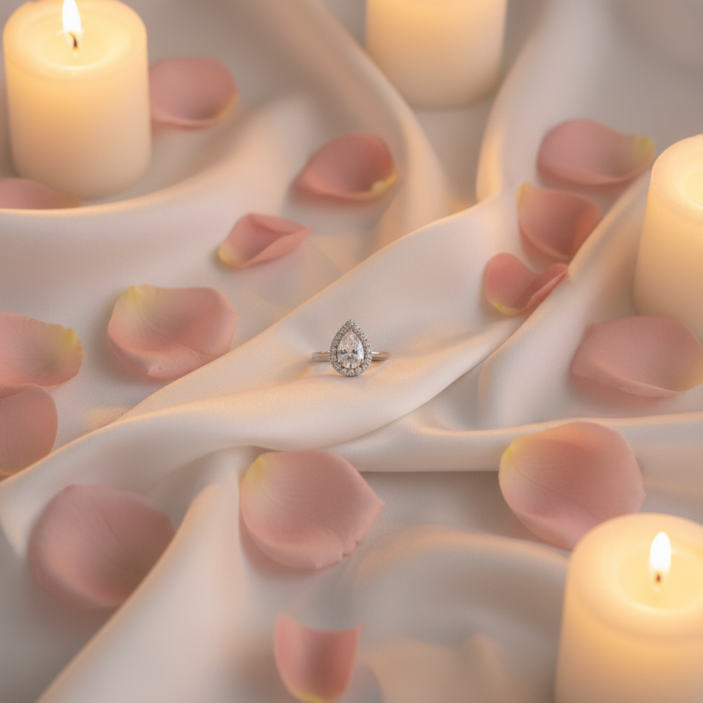 Tears of Forever Pear Halo Moissanite Ring - romantic flat lay