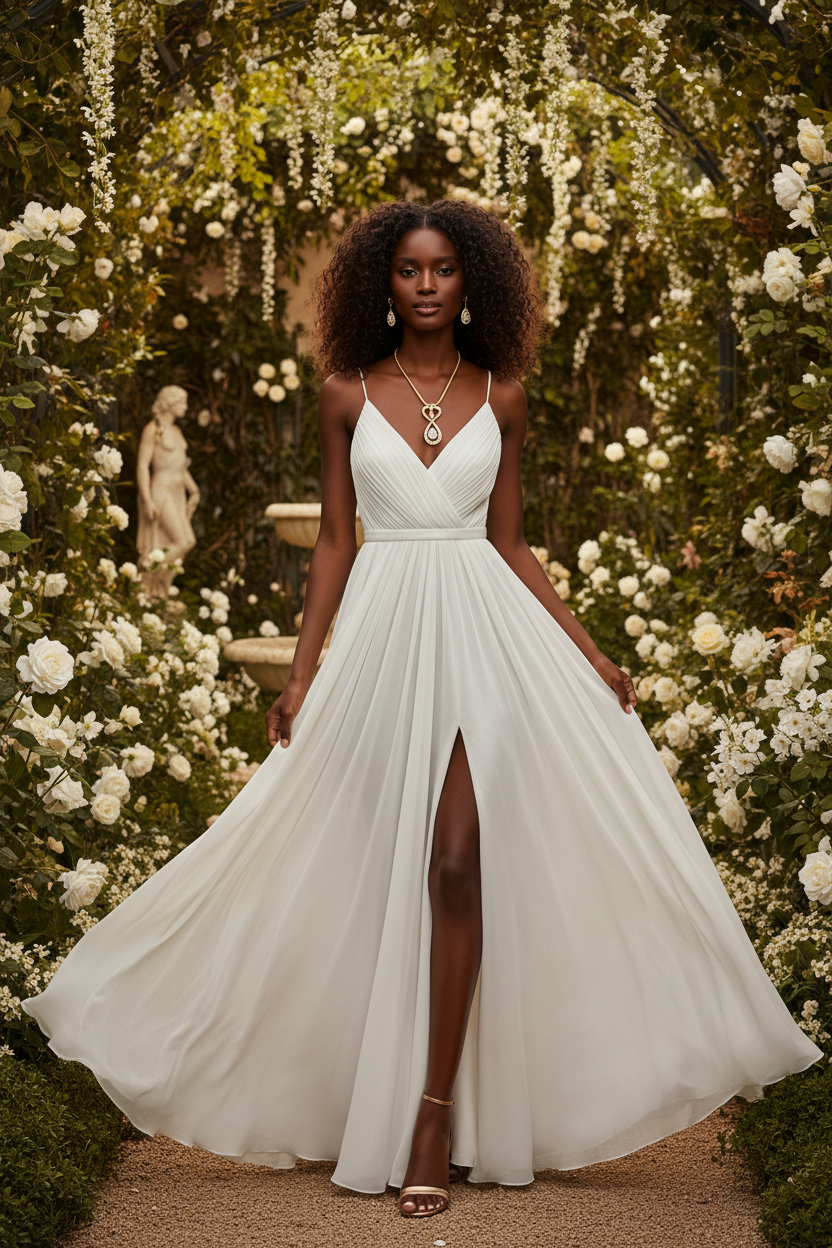 Model wearing Gilded Together gold heart and teardrop jewelry set in a garden