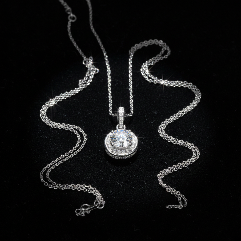Dark Night Elf Moissanite Necklace flat lay on black velvet with dramatic lighting