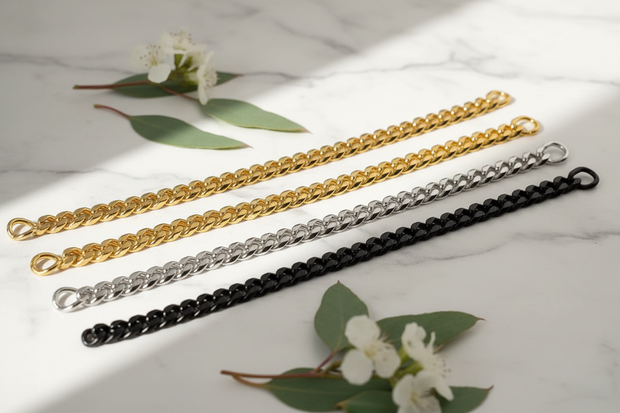 Six-Sided Cuban Chain gold silver black flatlay marble