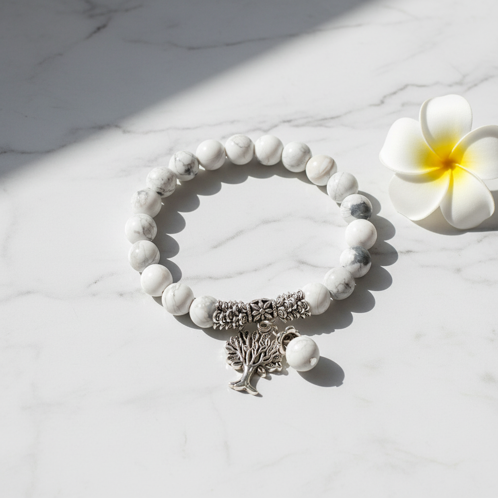 Vintage Frosted White Pine Bead Bracelet flat lay on white marble with white flower