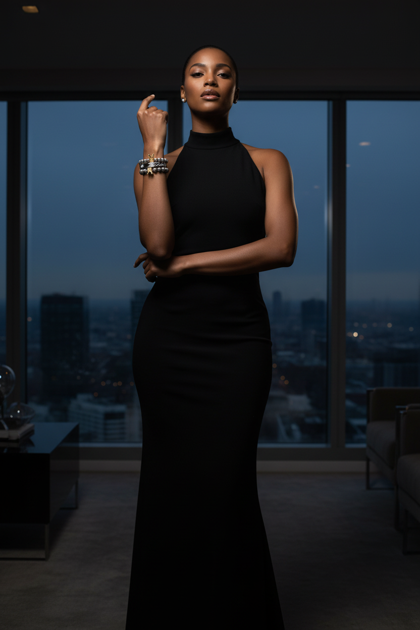 Mixed-race model wearing Pineapple Crown Bracelet Set in luxury penthouse