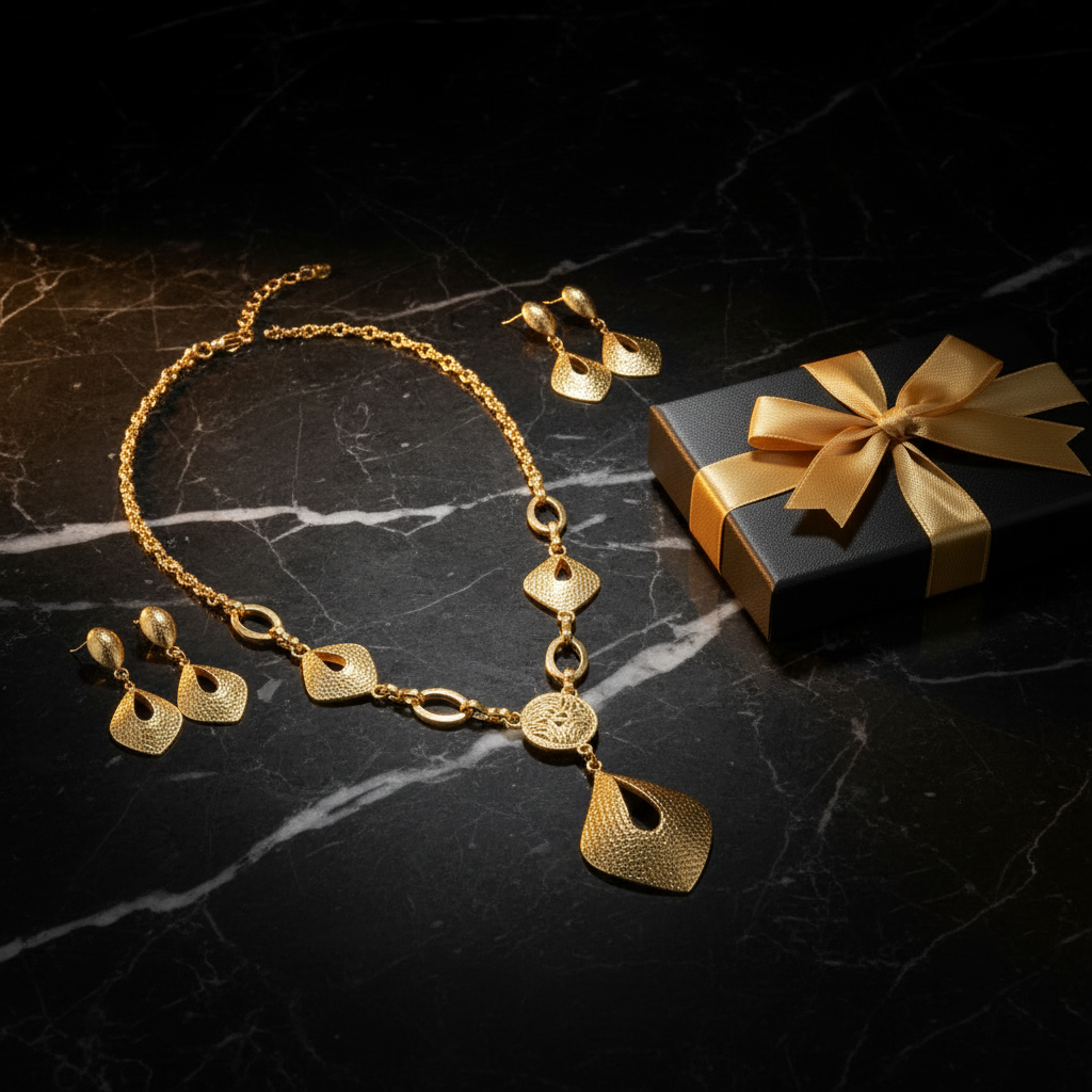 Gold Geometric Statement Jewelry Set flat lay on black marble