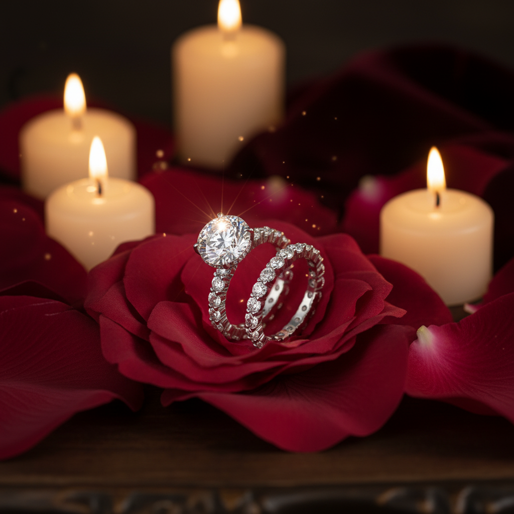 Time Vow Moissanite Ring Set – Rose Petals Flat Lay