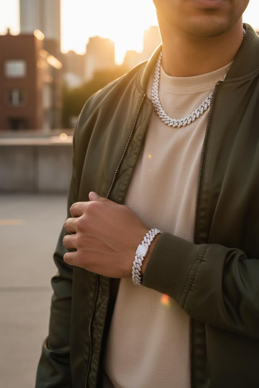 Iced Cuban Chain neck and wrist detail outdoor urban