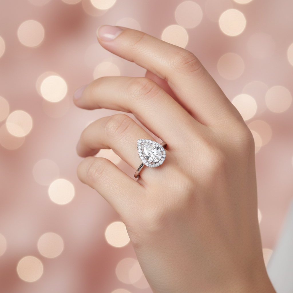 Tears of Forever Pear Halo Moissanite Ring - hand lifestyle shot
