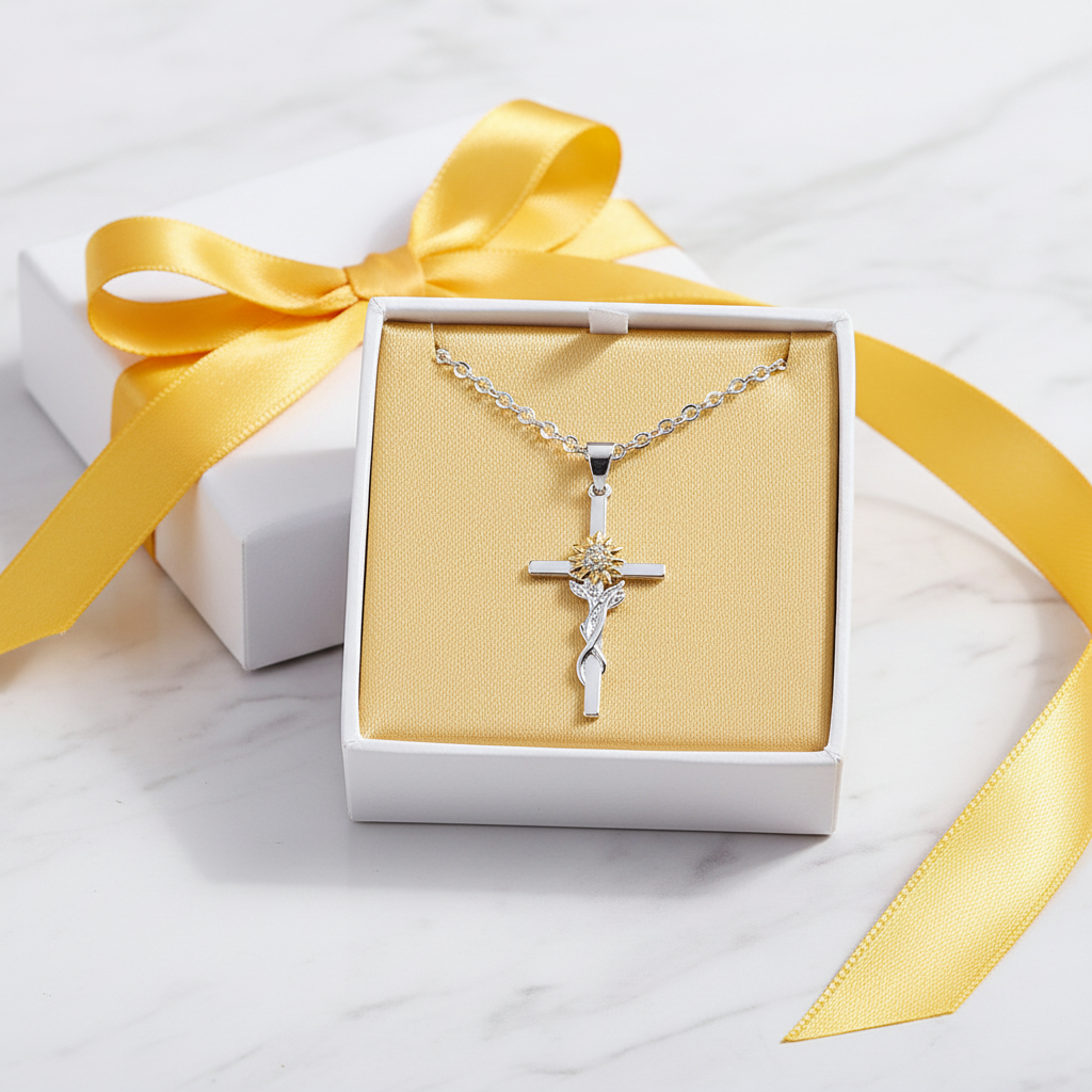 Sunflower Cross Pendant Necklace in luxury white gift box