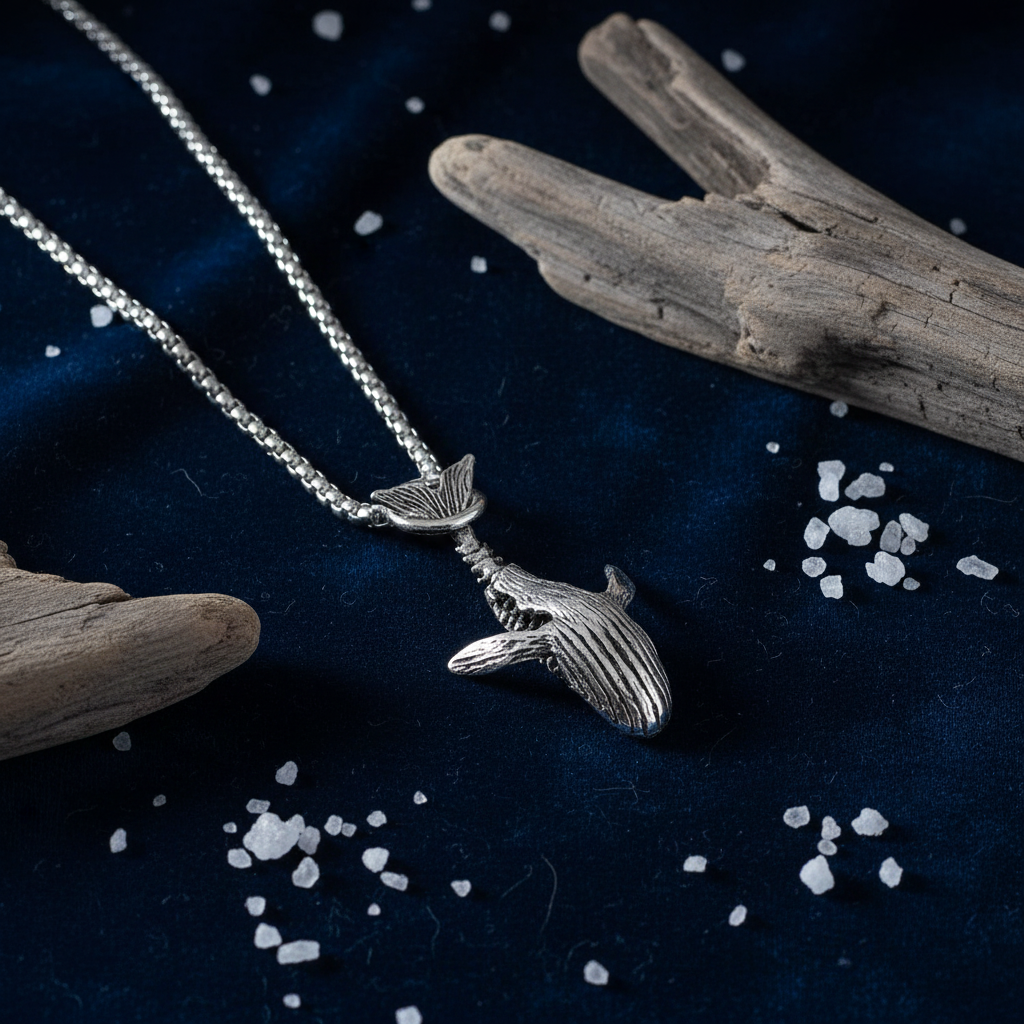 Whale Pendant Necklace flat lay on ocean blue velvet with driftwood