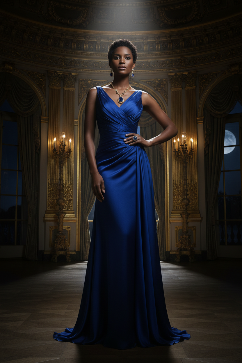 Mixed-race model wearing Royal Blue Sapphire Gold Jewelry Set in palace-inspired interior