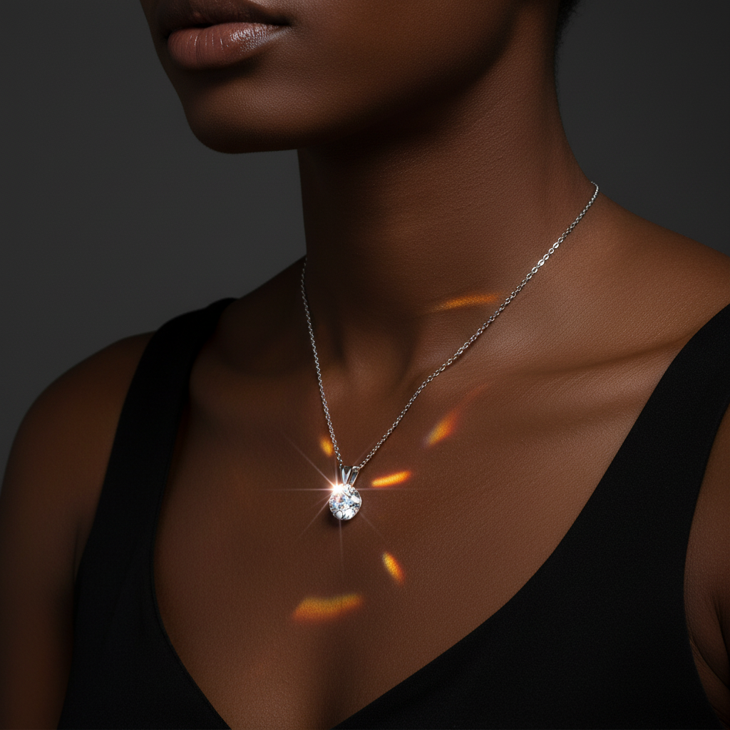 Close-up of V-Shaped Moissanite Necklace on neckline with brilliant sparkle