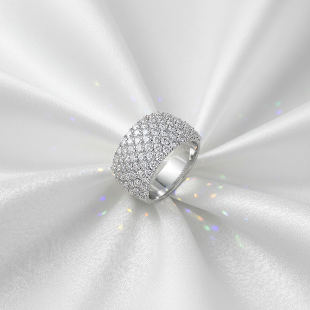 Imperial Stack Wide Band Ring on white silk flat lay