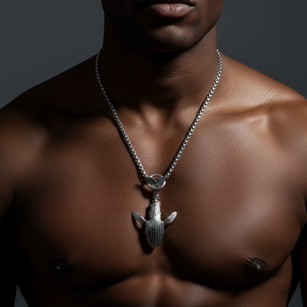 Close-up of Whale Pendant Necklace on chest with dramatic lighting
