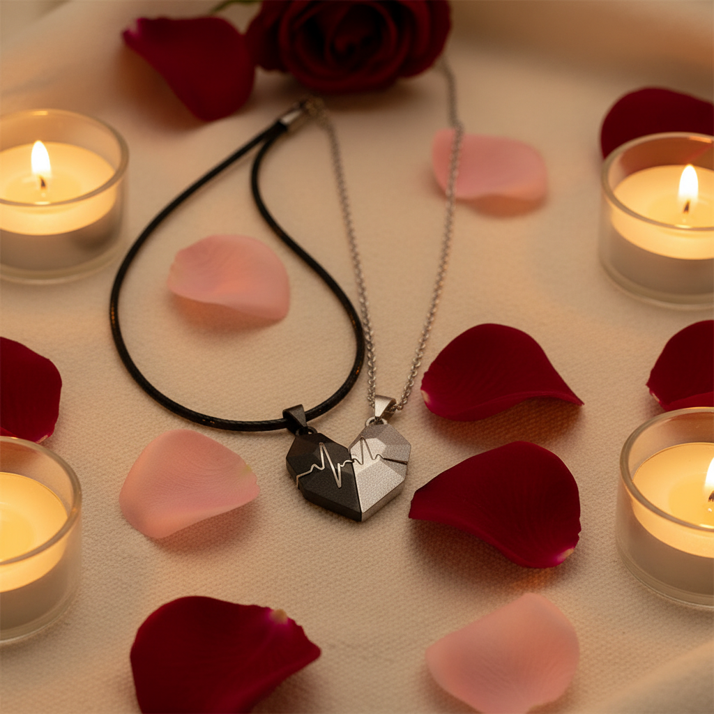 Wishing Stone couple necklace pendants magnetically joined on cream surface