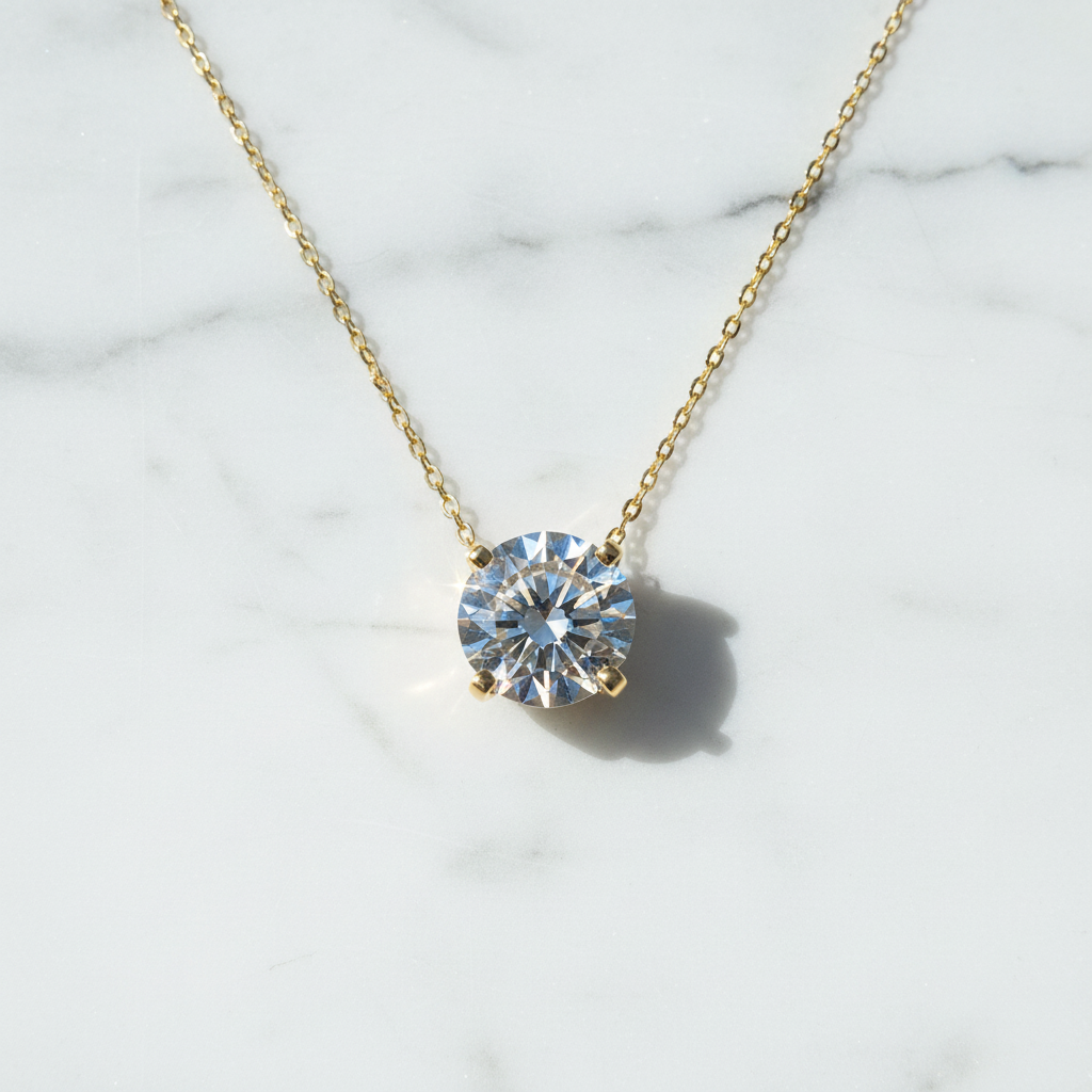 18K Gold-Plated Diamond Solitaire Necklace flat lay on white marble