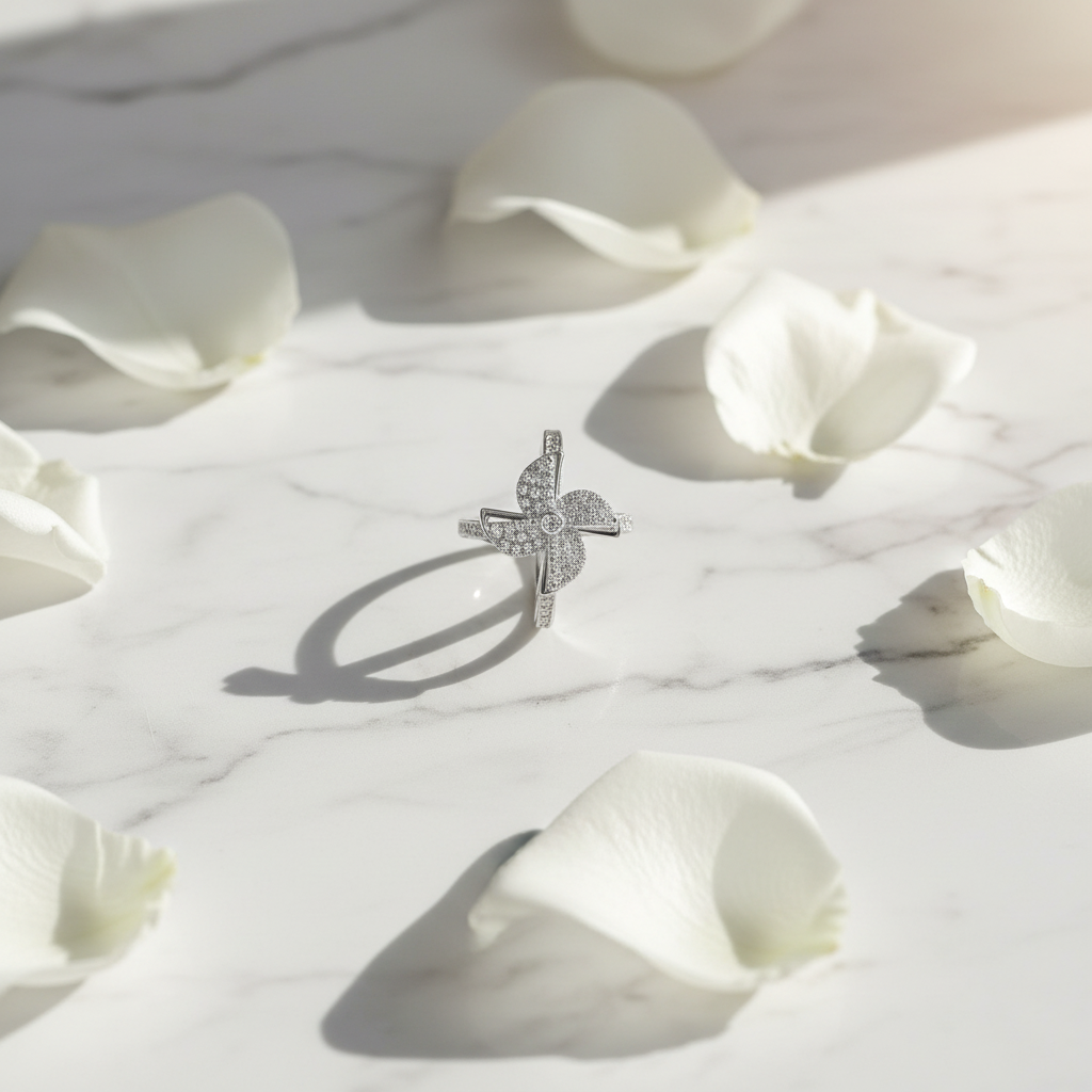 CZ Windmill Flower Ring – Marble Rose Petals