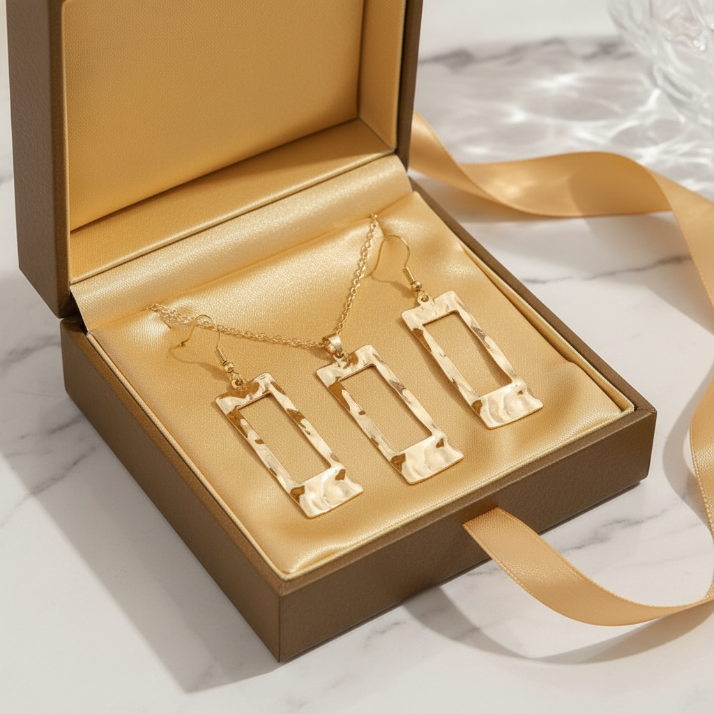 Hammered Geometric Jewellery Set in open luxury gold gift box