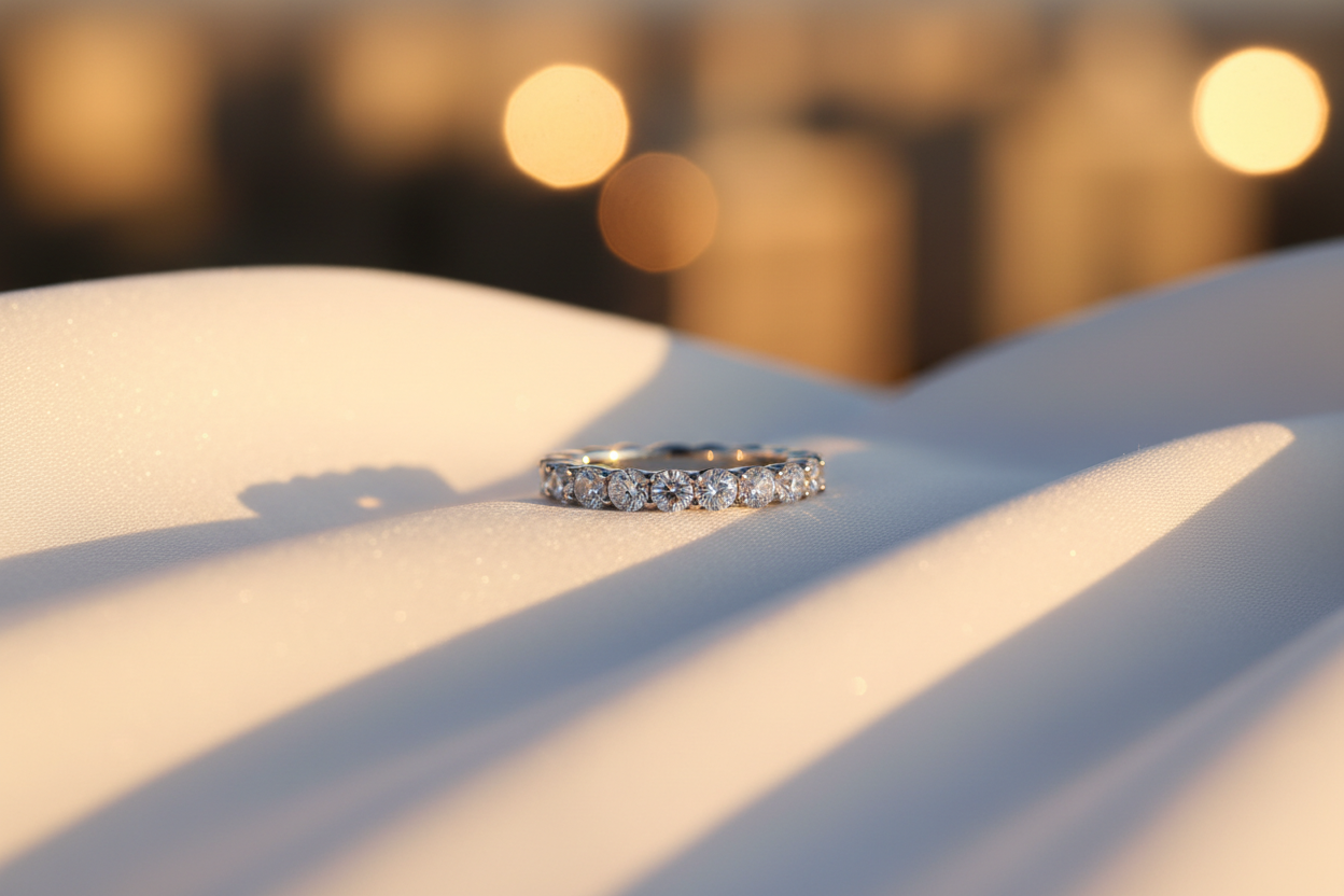 Moissanite Eternity Band flat lay on silk