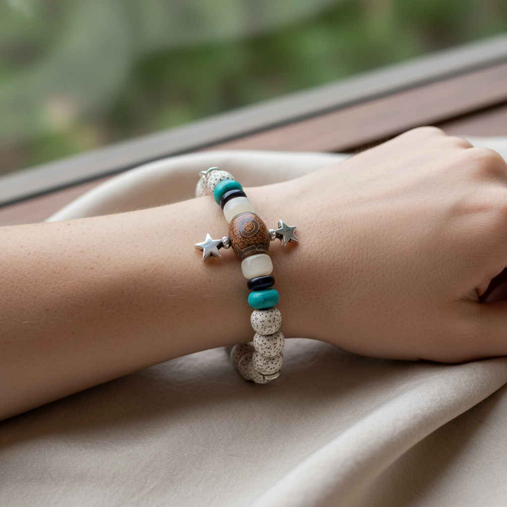 Close-up of Bodhi Seed Celestial Bracelet on Caucasian model's wrist