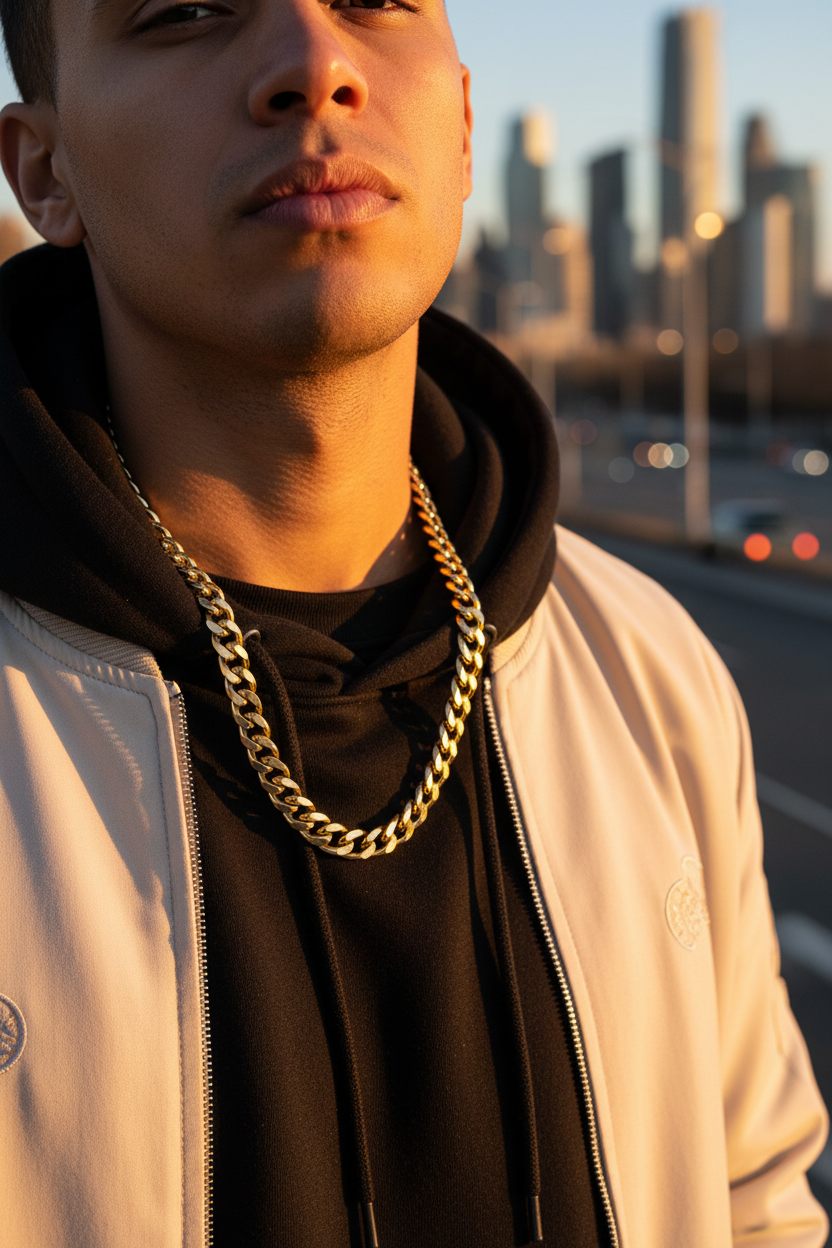 Six-Sided Cuban Chain gold worn on neck urban street
