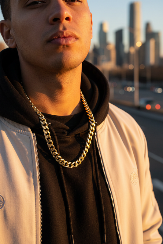 Six-Sided Cuban Chain gold worn on neck urban street