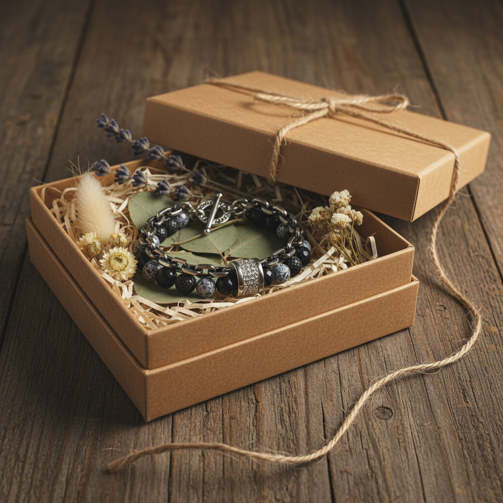 Grounded in Stone bracelet in kraft gift box with dried flowers
