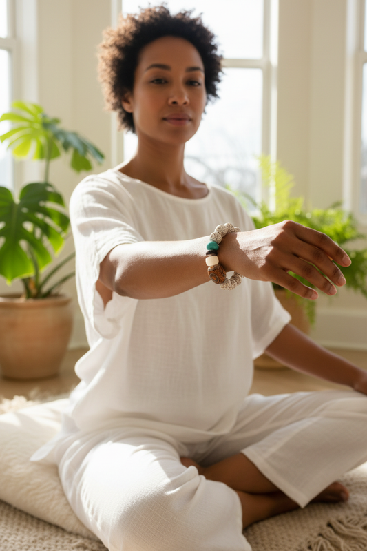 Mixed-race model wearing Bodhi Seed Celestial Bracelet in sunlit meditation space