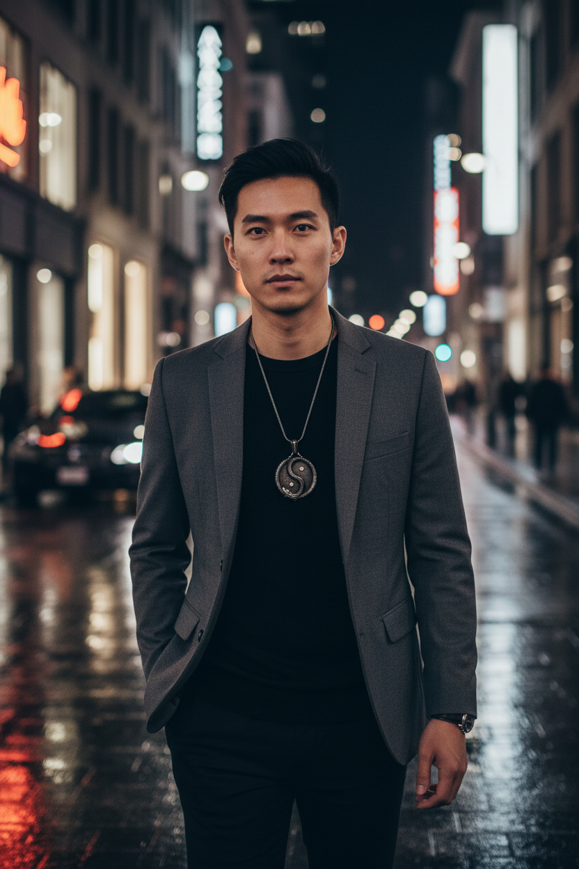Asian man wearing Men's Stainless Steel Pendant Necklace on luxury city street at night