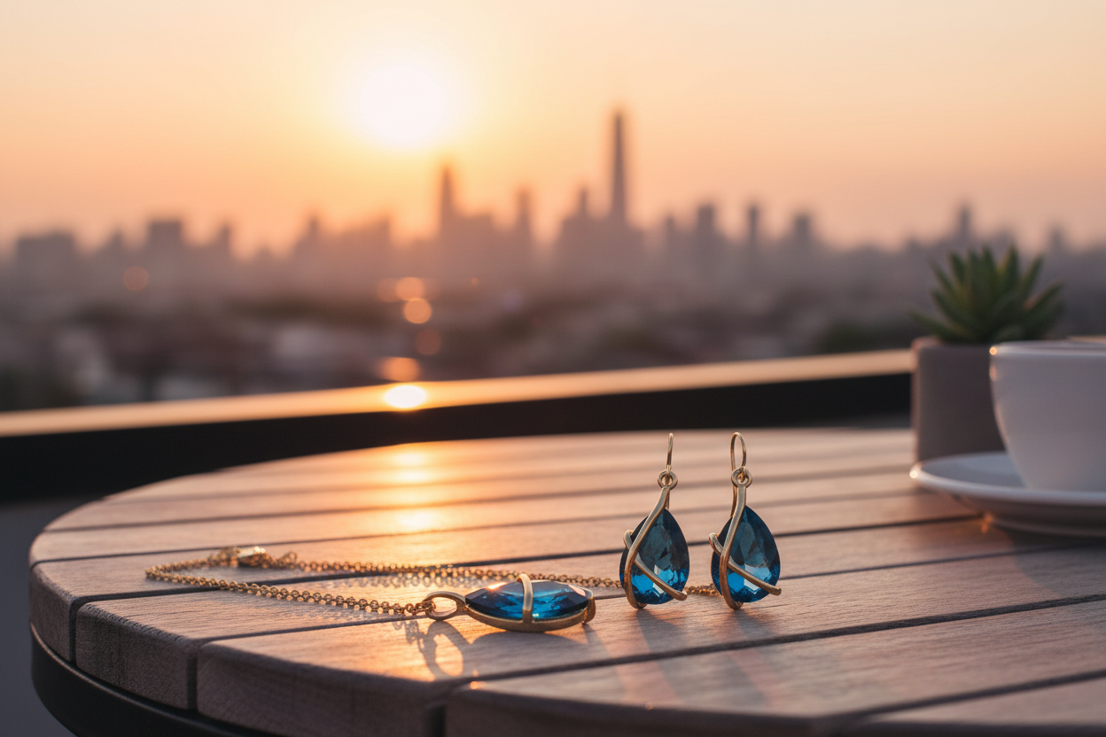 Ocean Deep jewelry set golden hour rooftop lifestyle
