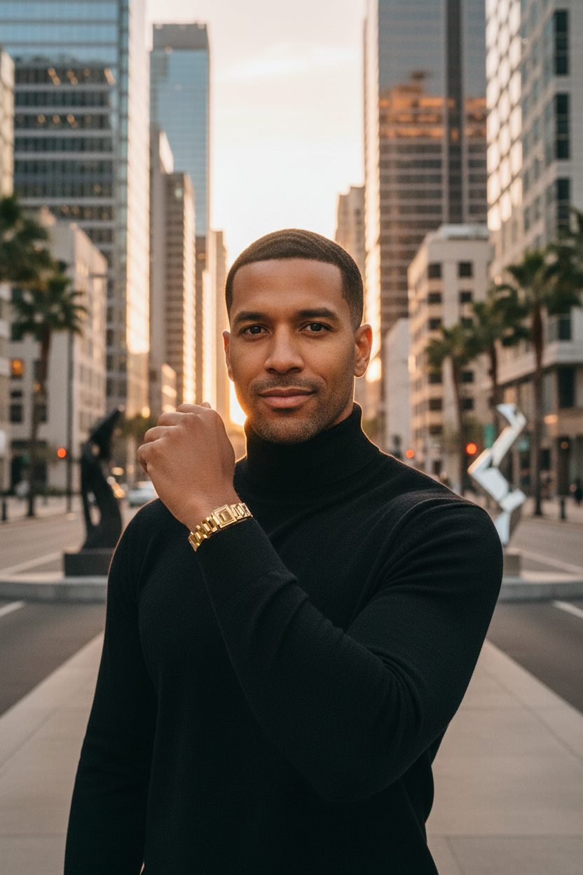 Mixed-race man wearing Geometric Titanium Steel Bracelet in city at golden hour