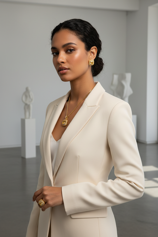 Mixed-race model wearing Sugar Cube gold jewelry set in modern interior