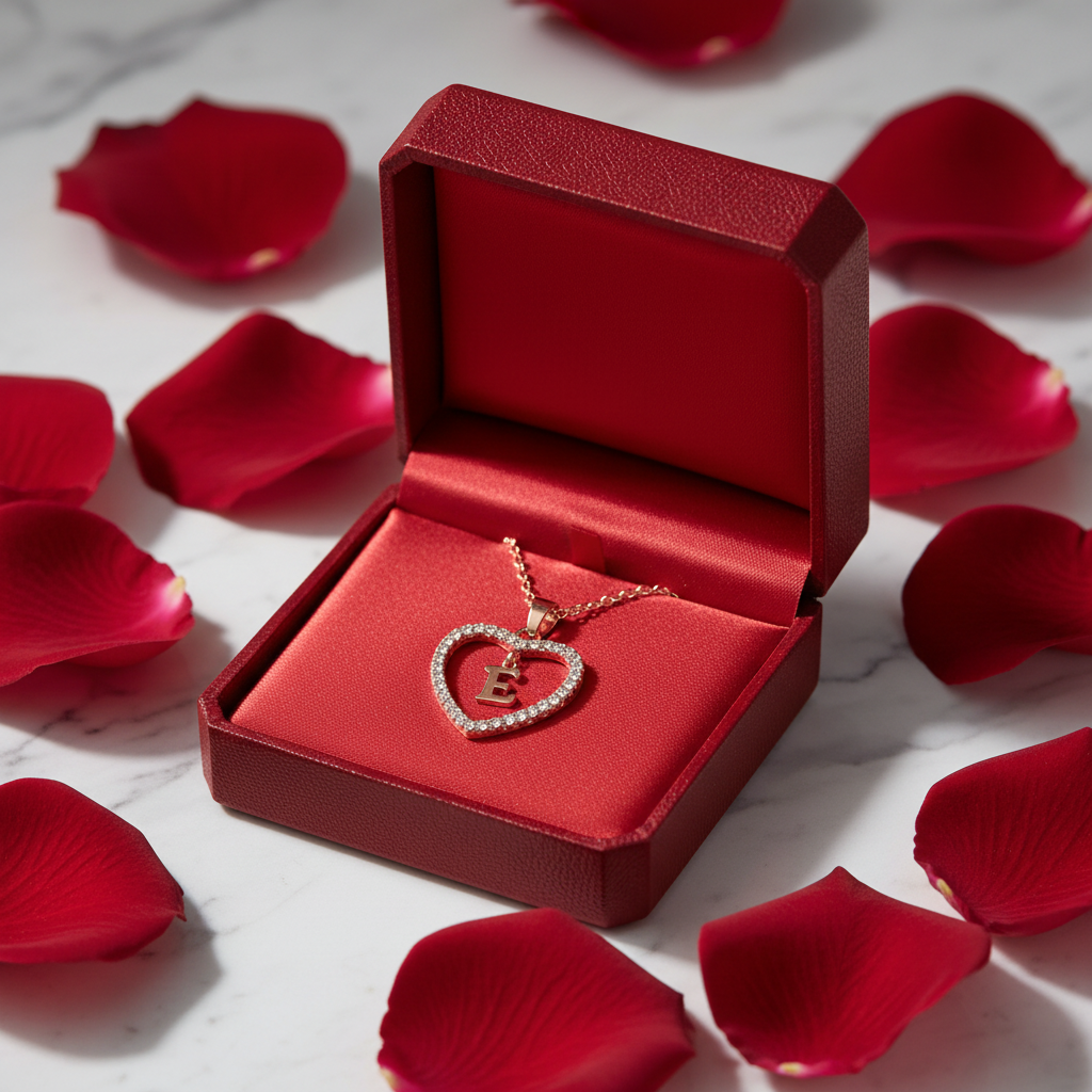 Love Language heart necklace in luxury gift box with rose petals