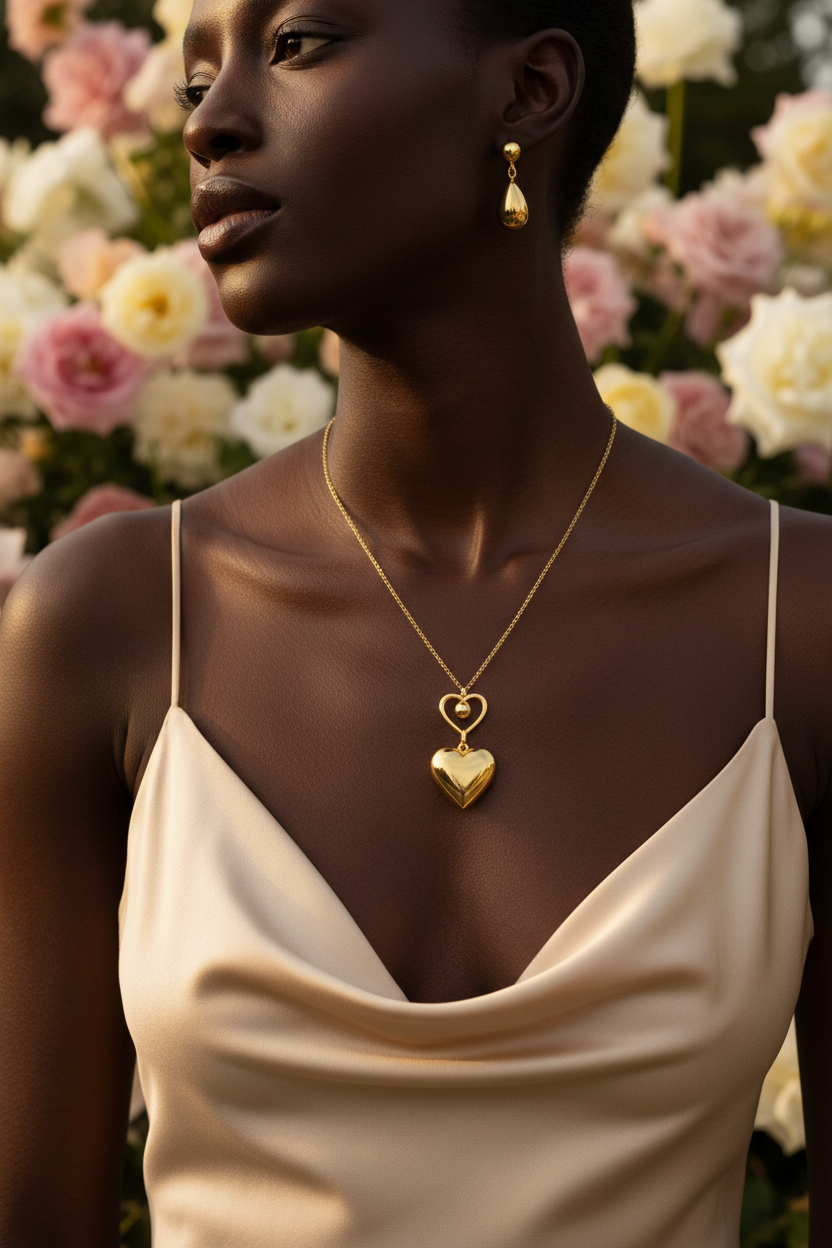 Close-up of model wearing Gilded Together gold heart teardrop necklace in garden