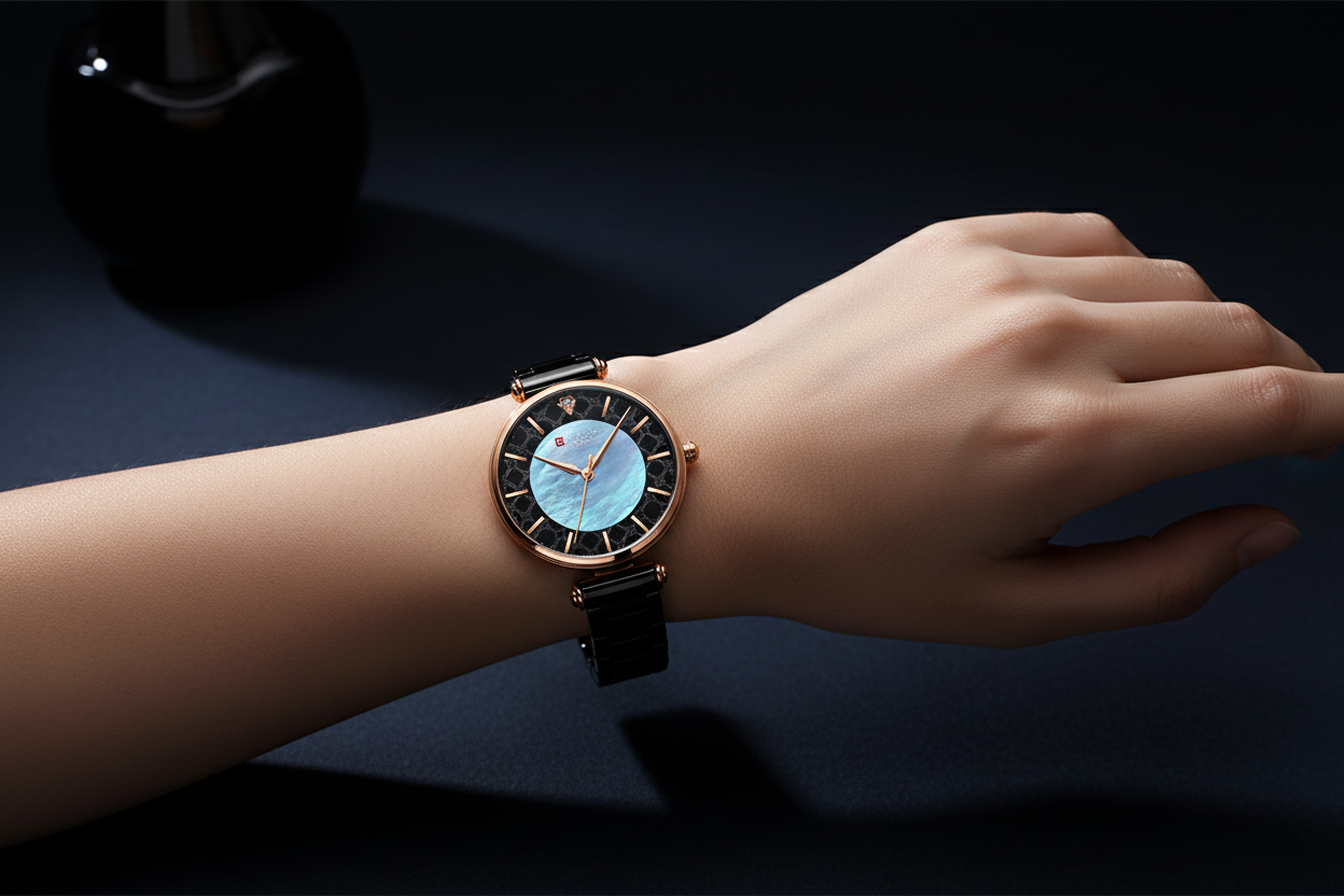 Rose gold women's watch dark dramatic