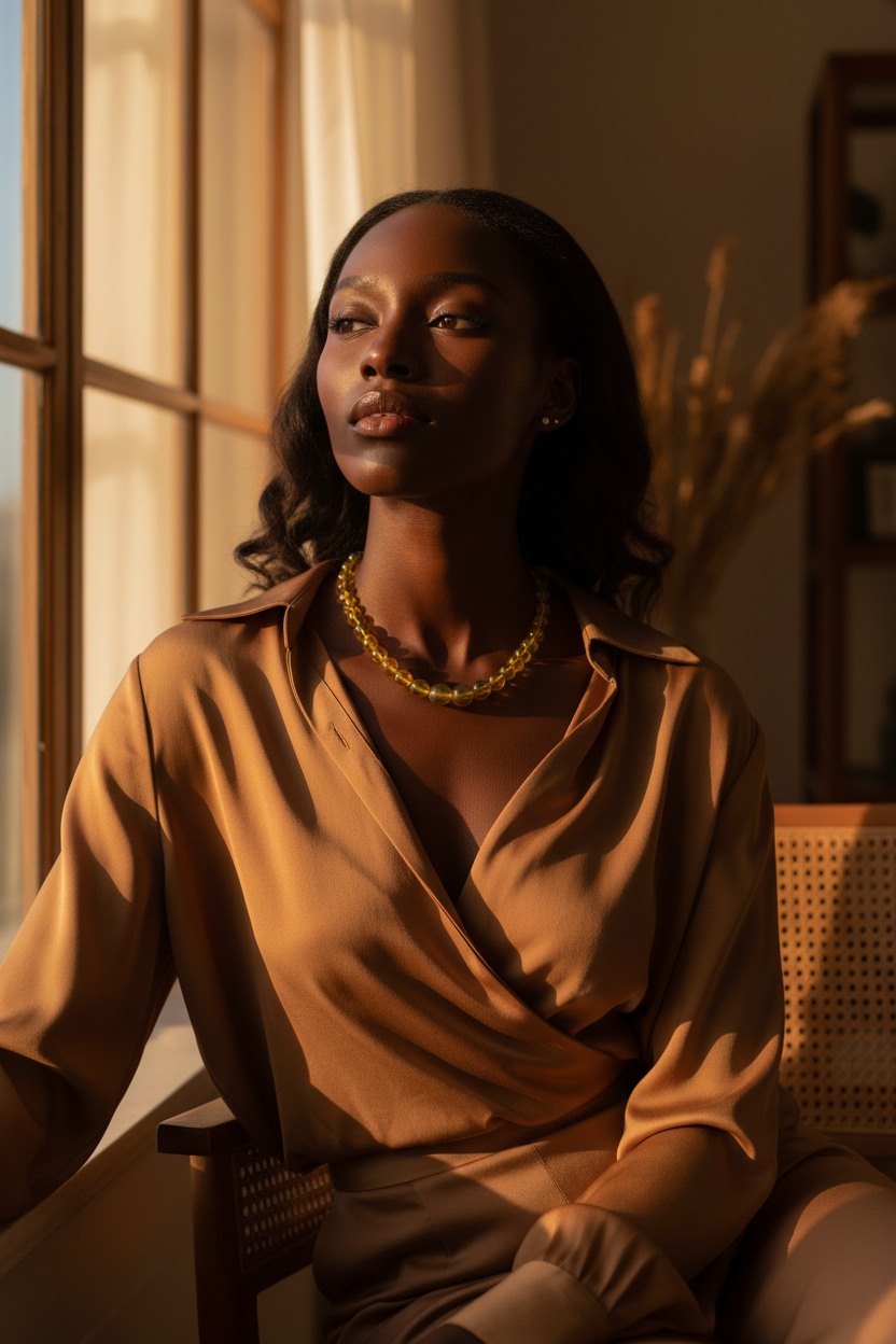 Model wearing Amber Beeswax Bead Necklace by sunlit window