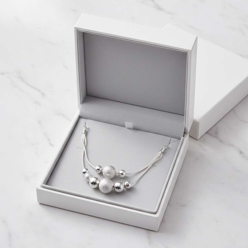 Silver Bead Chain Necklace in luxury white gift box